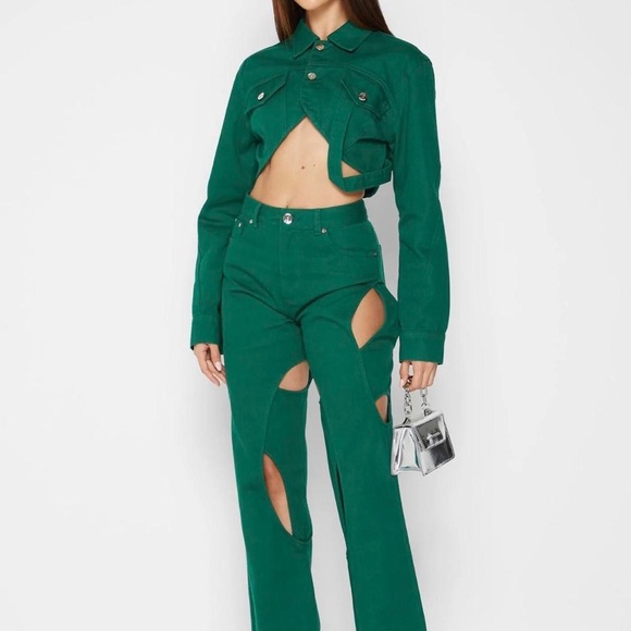 Maniere De Voir Set: Green Cropped Jacket US 6 & Boyfriend Cut Out Jeans US 6 - Picture 1 of 16